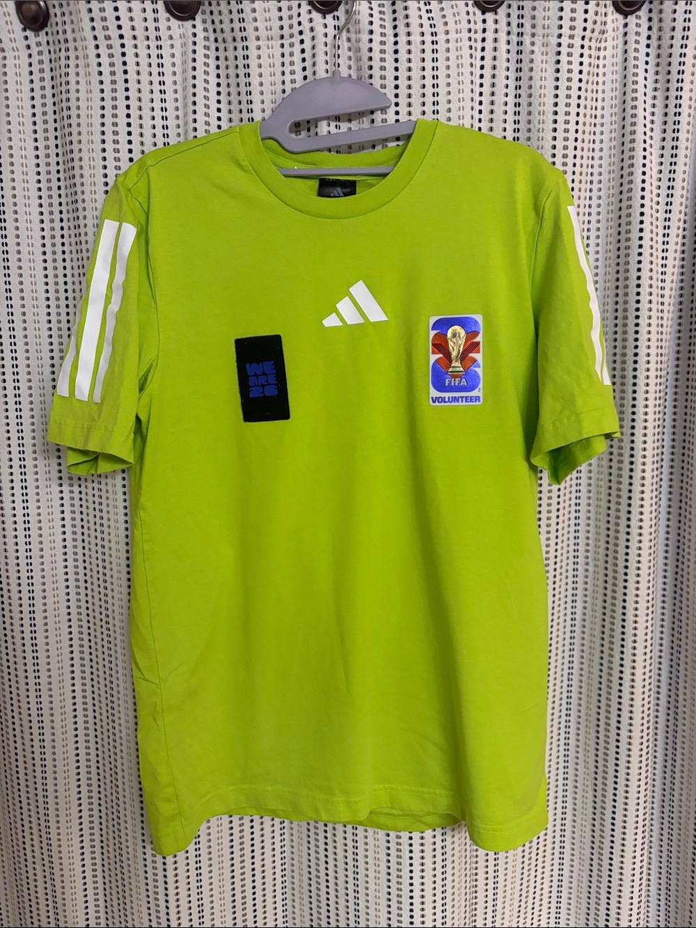 adidas Lime Green Short-Sleeve Volunteer T-Shirt with White Stripes